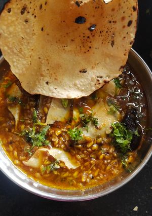A picture of Methi fenugreek seeds and papad sabji.
