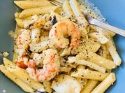 A picture of prawn and mushroom pasta