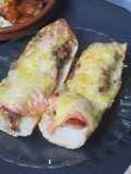 Boca-pizza de pimientos y berenjenas con salmón ahumado