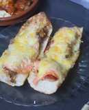 Boca-pizza de pimientos y berenjenas con salmón ahumado