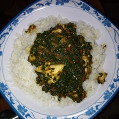 A picture of White rice with mint leaf souce.