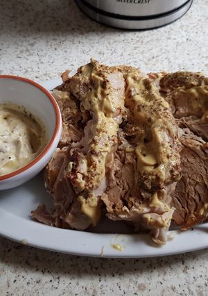 A picture of Roasted Pork in Dijon Mustard and wholegrain.