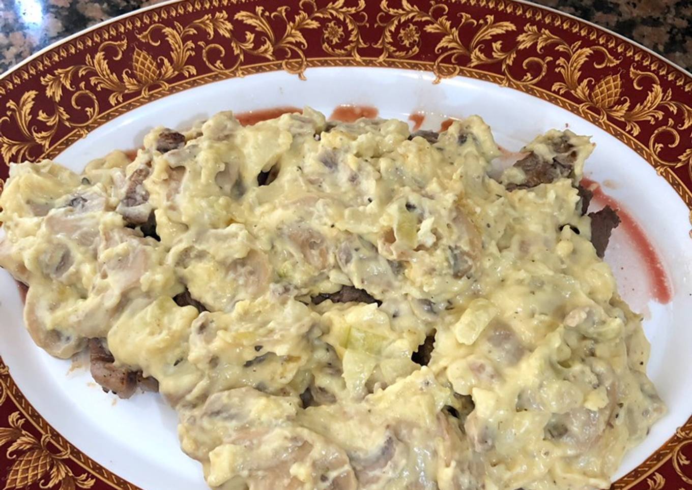 Ribeye steak with mushroom sauce