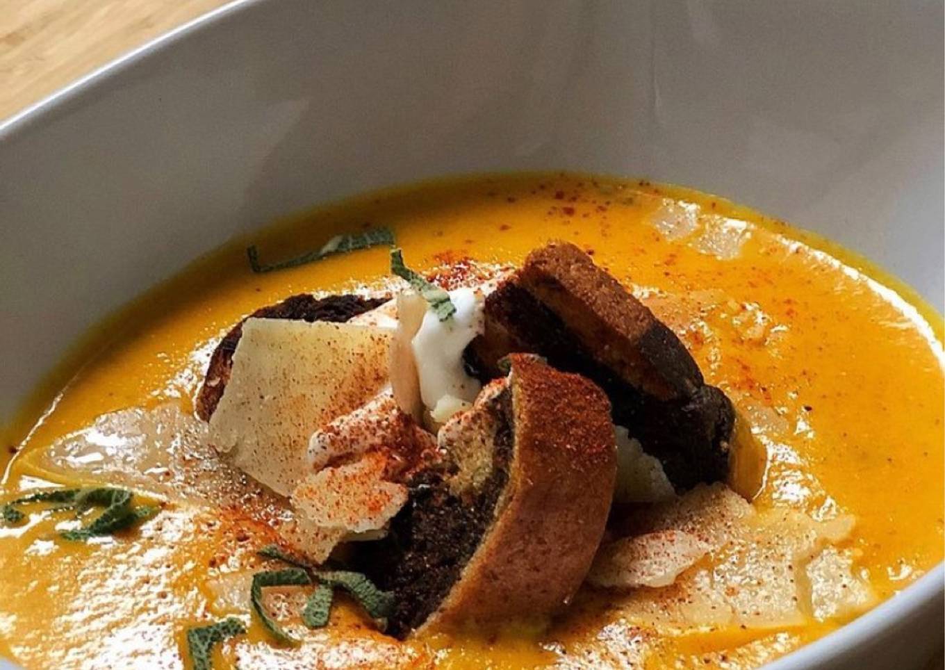 Roasted Sweet Potato and Carrot Soup with Marbled Rye Croutons