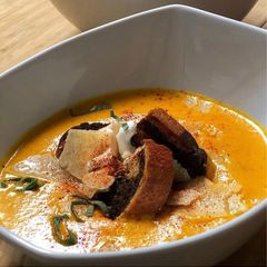 Roasted Sweet Potato & Carrot Soup with Marble Rye Croutons A picture of Roasted Sweet Potato & Carrot Soup with Marble Rye Croutons.
