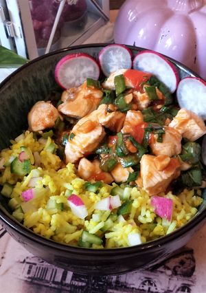 Une photo de 🍅 POULET SAUTÉ TOMATE, BASILIC & CACAHUÈTE et son Riz-Quinoa composé 🍅