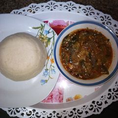 A picture of Okro soup and semo.