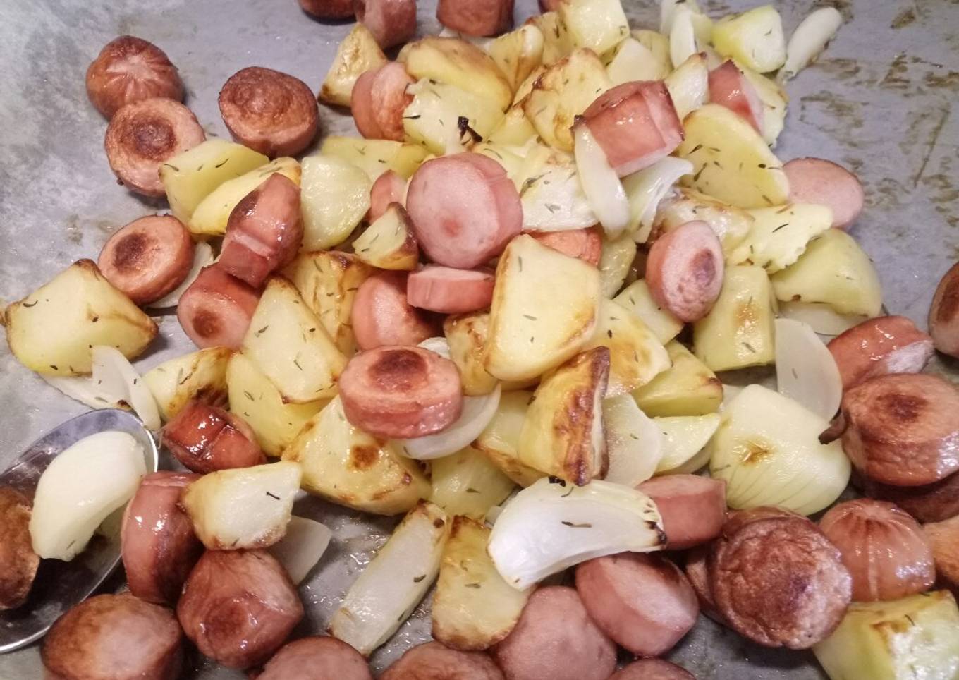 Hot dog, potato and onion roast