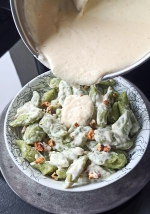 A picture of Broccoli Gnocchi with Creamy Cheese Sauce.