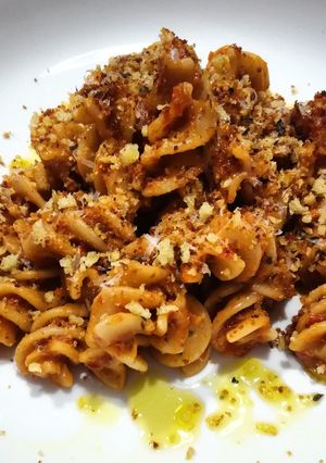 A picture of Fusillotti with Sun-Dried Tomato Pesto and Toasted Bread Crumbs.