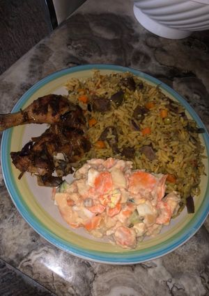 A picture of Fried rice and potato salad.