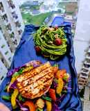 Pesto Noodles with Grilled Paneer Steak
