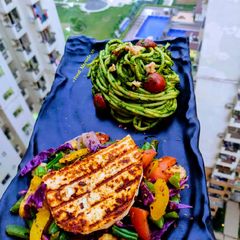 Pesto Noodles with Grilled Paneer Steak A picture of Pesto Noodles with Grilled Paneer Steak.