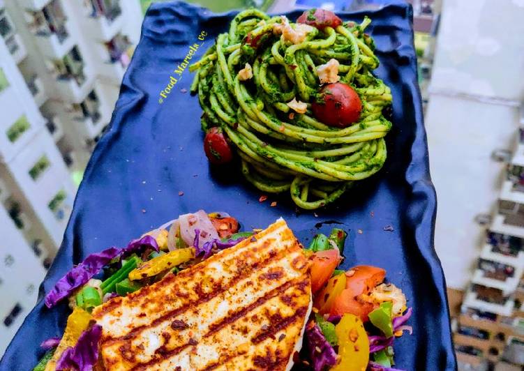 Pesto Noodles with Grilled Paneer Steak