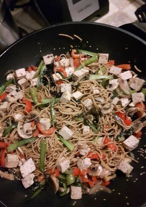 A picture of Asia inspired tofu spaghetti.