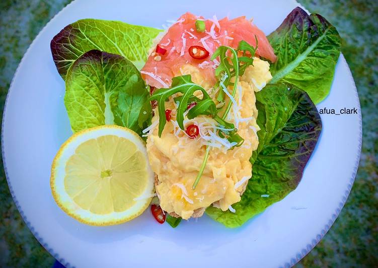 Step-by-Step Guide to Prepare Speedy Scrambled eggs, smoke salmon with lefy greens on bed of sourdough bread