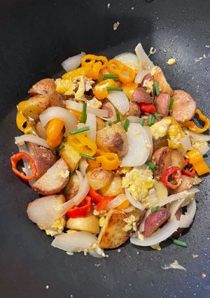 A picture of Ackees with Baked Potatoes.