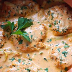 A picture of Baked cod in red pepper sauce.