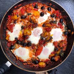 Baked eggs puttanesca A picture of Baked eggs puttanesca.