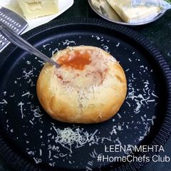 A picture of Bread Bowl with Tomato & Sweet Potato Soup.