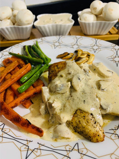 A picture of Chicken Steaks with Mushroom Sauce.