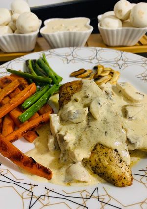 A picture of Chicken Steaks with Mushroom Sauce.