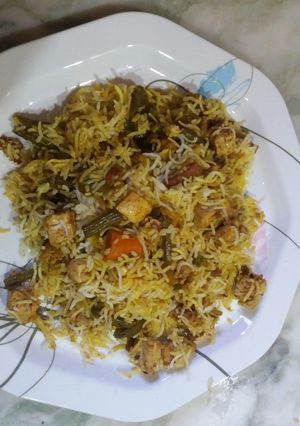 A picture of Veg paneer biryani with dry aloo bukhara.