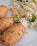 Pastéis de bacalhau com arroz de legumes