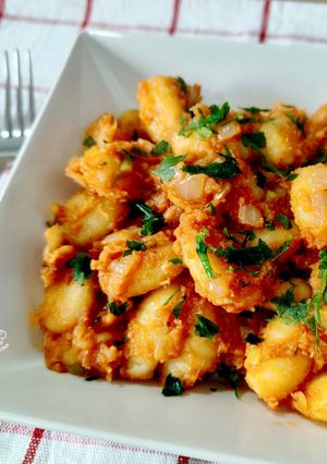 A picture of Gnocchi with Tomato Sauce and Salted Cod.