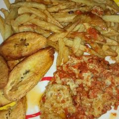 A picture of #chips,plantain,and peppered fried egg......