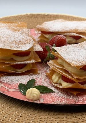 A picture of Strawberry Crisps Mille-Feuille Style.