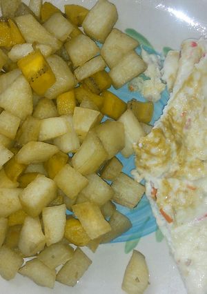 A picture of Fried yam plantain and milk eggs.