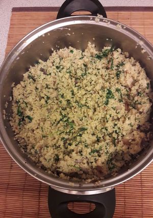 A picture of Mushrooms, spinach and soft cheese couscous.
