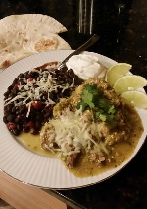 A picture of Brad's slow cooker chile verde with ez black beans.