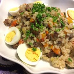 A picture of Mongolian Beef Rice (Plov).