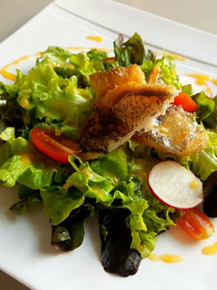 A picture of Dish: Mixed Salad with Fried Gourami and Orange Mustard Sauce.