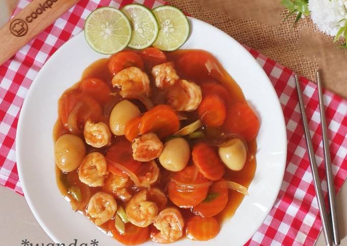 Udang Wortel Telur Puyuh Masak Saus Tiram a.k.a Udang Saus Tiram ala resto