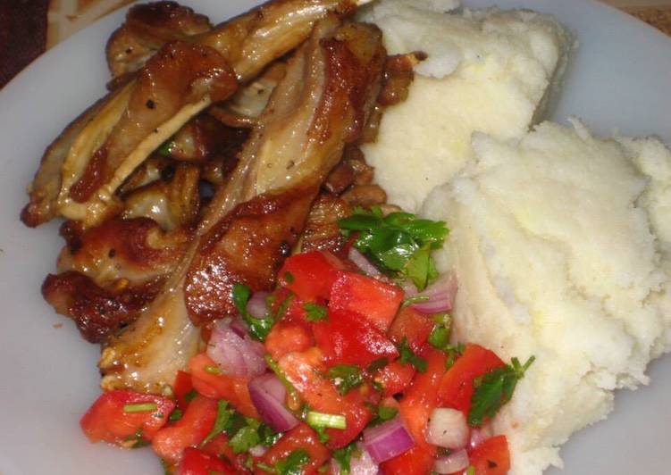 Mashed potatoes, pan grill ribs and simple tomatoes salad