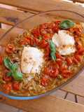 Baked Cod with Cherry Tomatoes, Onion, Olives, and Anchovies