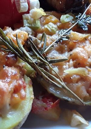 A picture of Sig's Tomato and potato mash filled potato boats.