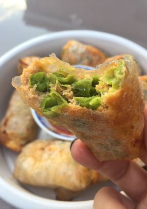 Une photo de Nems aux rillettes de truite et petits pois