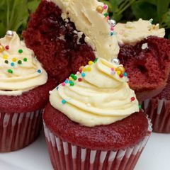 A picture of Jam filled Red Velvet cupcakes.