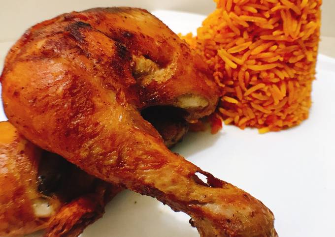 Spicy fried chicken and jollof rice