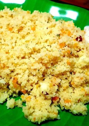 A picture of Steamed Broken Wheat Upma with Carrot.