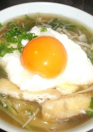 A picture of Tsukimi Tororo Soba - Grated Yam and Raw Egg Soba Noodles.