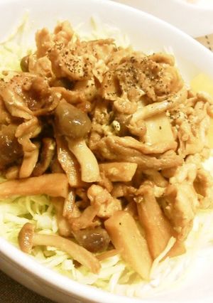 A picture of Stir Fried Pork, Shimeji Mushrooms and King Oyster Mushrooms with Oyster Sauce.