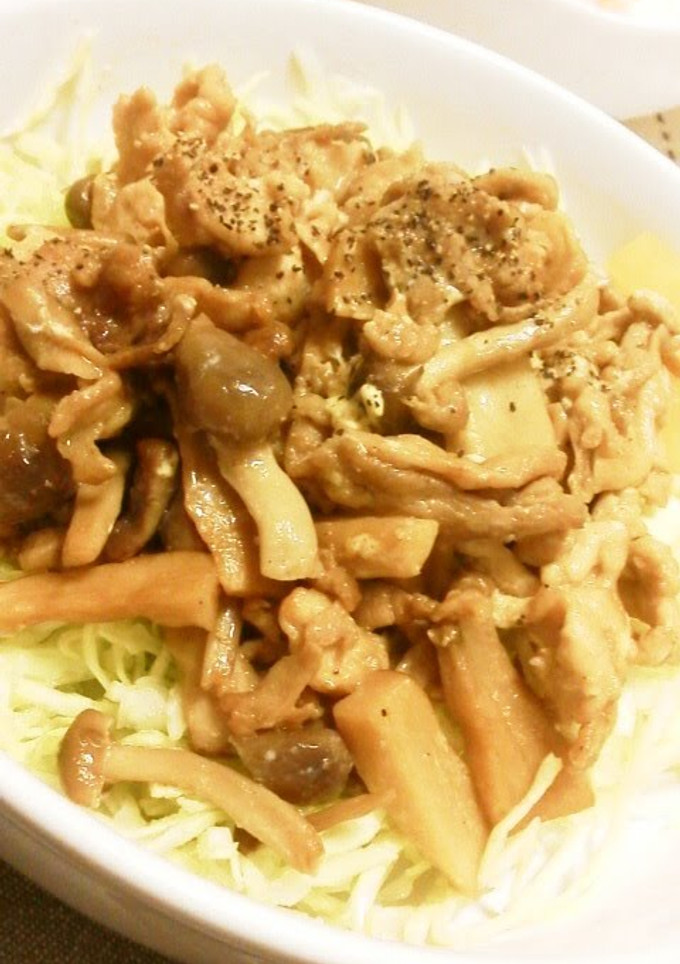 A picture of Stir Fried Pork, Shimeji Mushrooms and King Oyster Mushrooms with Oyster Sauce.