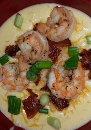 A picture of Loaded Baked Potato Soup with Bacon and Shrimp.