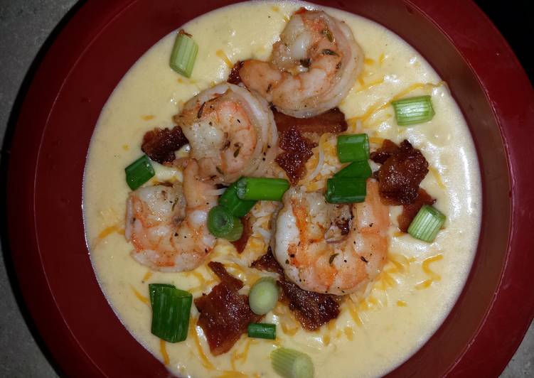 Loaded Baked Potato Soup with Bacon and Shrimp