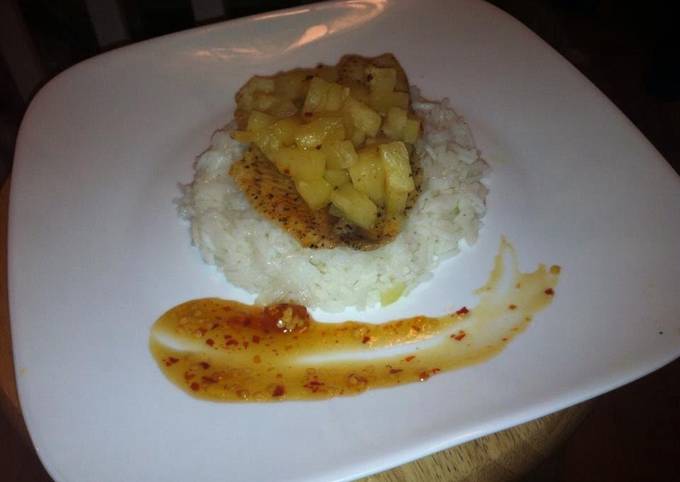 Pinnapple Baked Tilapia With A Yellow Pepper Pilaf With A Pinnapple Chilli Reduction Sauce